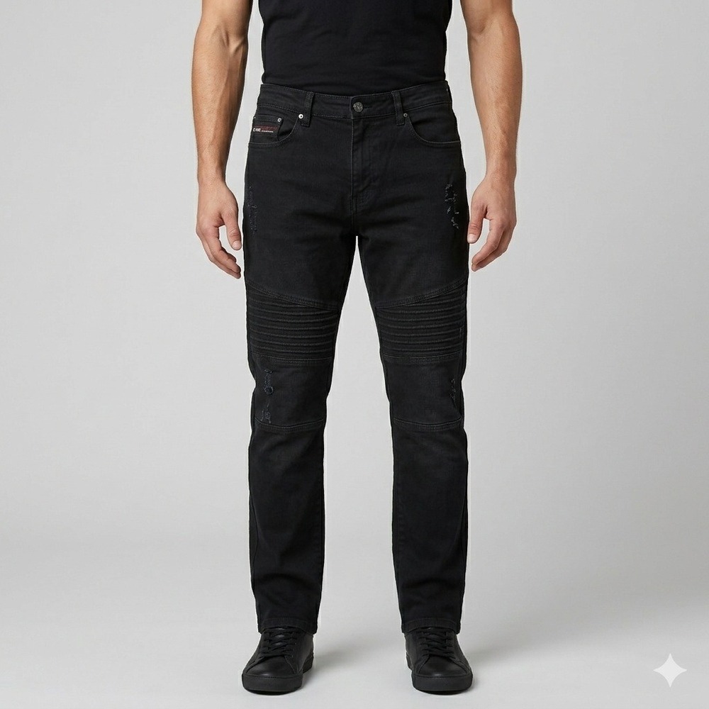 Jeanius Moto Jeans Distressed Biker Style Black Denim Men's‎ Size 34